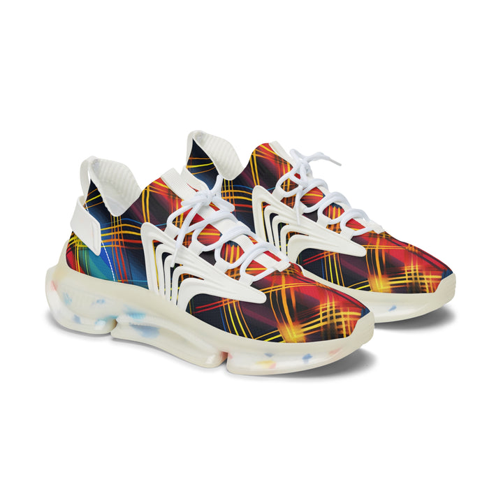 Red-Blue & Yellow Checkred Female Mesh Sneakers with white sole, side view