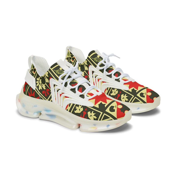 Green-Yellow & Red Abstraction Geometry Female Mesh Sneakers with white sole, side view