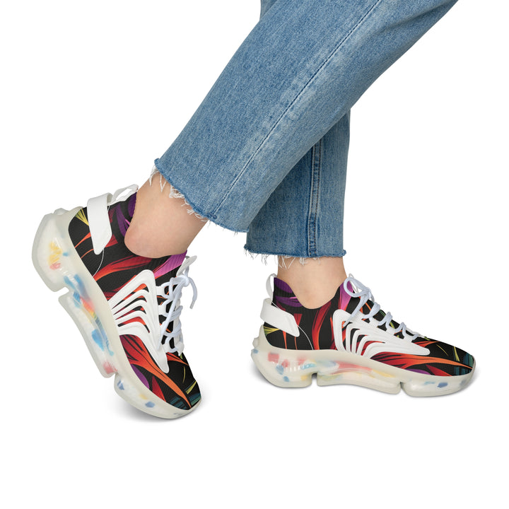 Red-Blue & Green Abstraction Women's Mesh Sneakers with white sole on model, side view