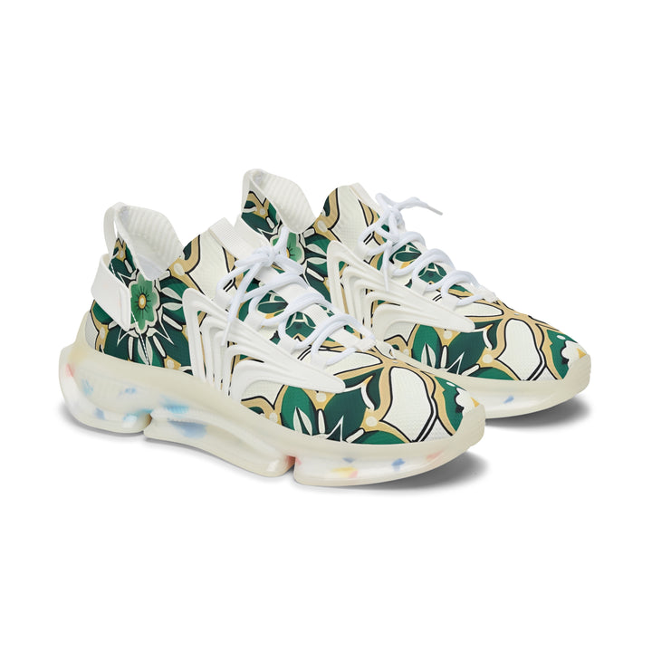 Green-White Floral Lady's Mesh Sneakers with white sole, side view