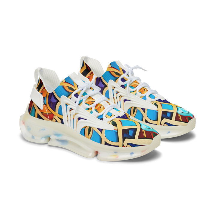 Turquoise-Yellow Abstraction Women's Mesh Sneakers with white sole, side view