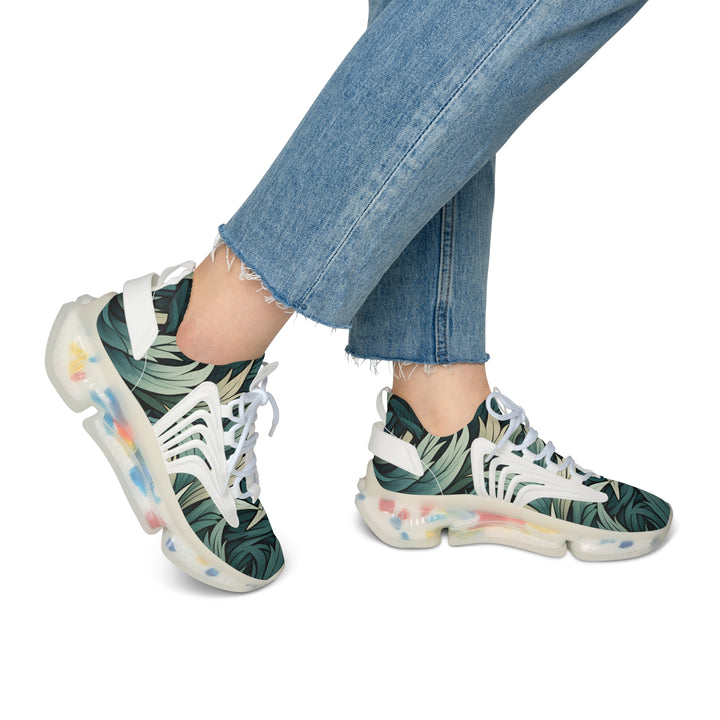 Green Floral Absrtracted Mesh Sneakers for Womens with white sole on model, side view