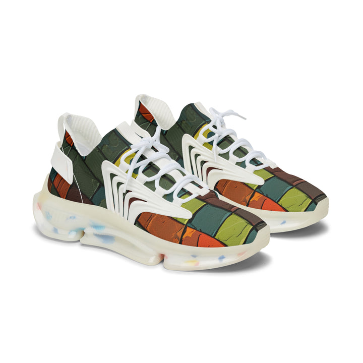 Orange-Green Camouflage Geometry Mesh Sneakers for Women with white sole, side view