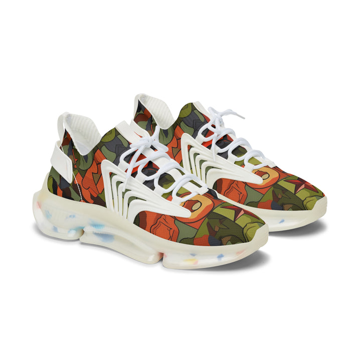 Orange-Green Camouflage Female Mesh Sneakers with white sole, side view