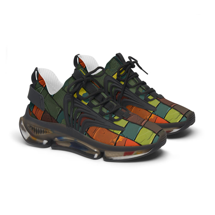 Orange-Green Camouflage Geometry Mesh Sneakers for Women with black sole, side view