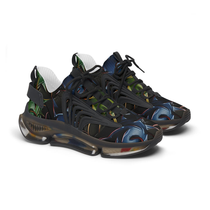 Navy-Green Abstraction Female  Mesh Sneakers with black sole, side view