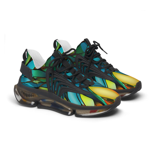 Yellow-Blue & Green Abstracted Lady's Mesh Sneakers with black sole, side view