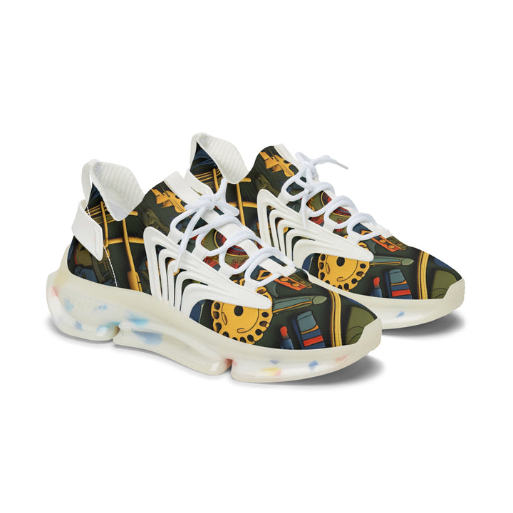 Golden-Green Camouflage Lady's Mesh Sneakers with white sole, side view