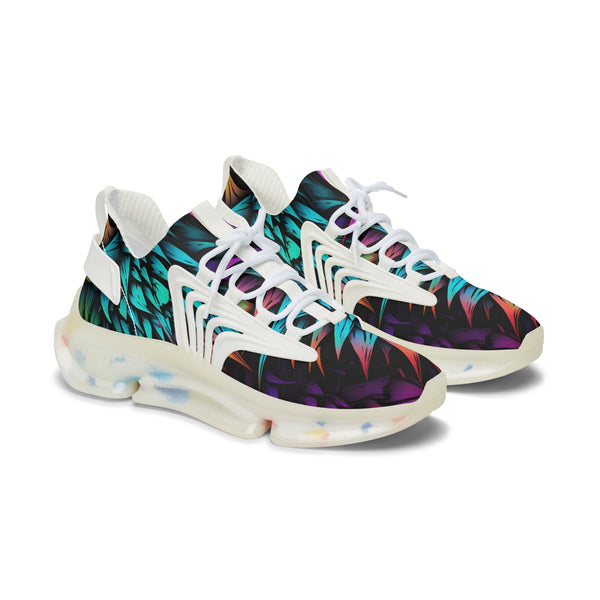 Turquoise-Purple Floral Female Mesh Sneakers with white sole, side view