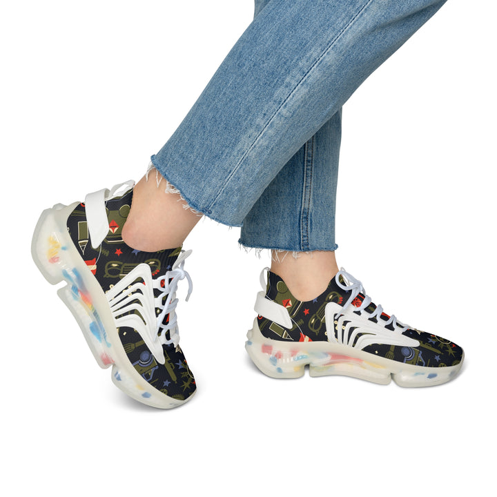 Navy-Green Camouflage Lady's Mesh Sneakers with white sole on model, side view