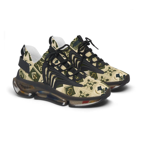 Green-Beige Patterned Lady's Mesh Sneakers with black sole, side view