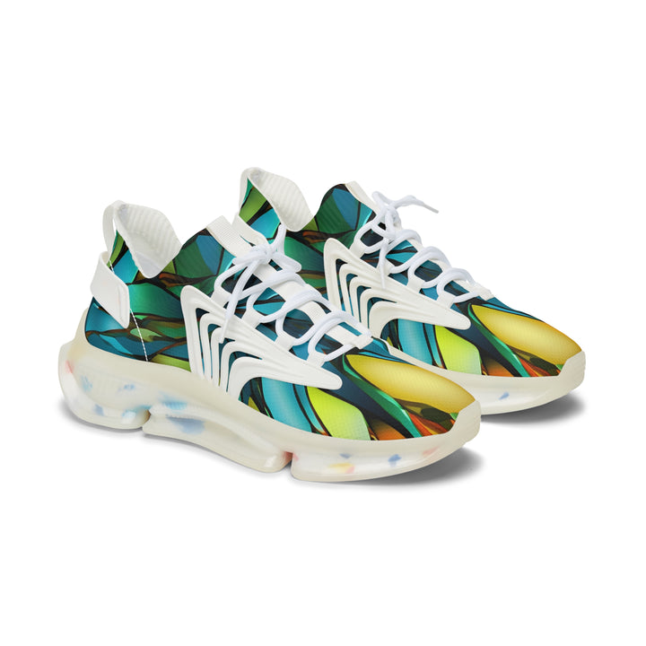 Yellow-Blue & Green Abstracted Lady's Mesh Sneakers with white sole, side view