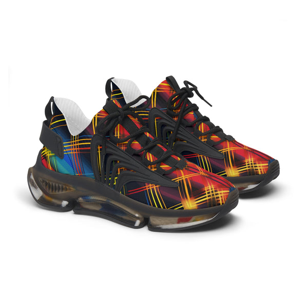 Red-Blue & Yellow Checkred Female Mesh Sneakers with black sole, side view