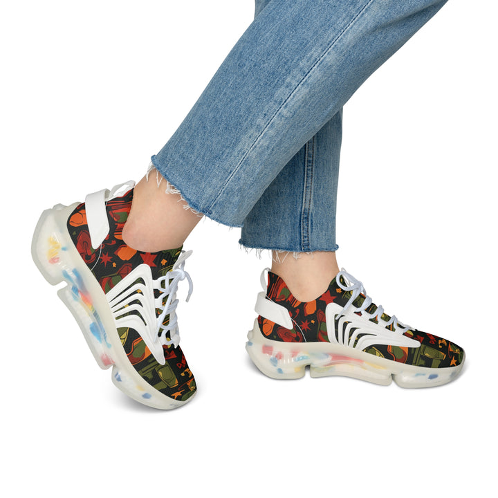 Red-Green & Orange Camouflage Lady's Mesh Sneakers with white sole on model, side view