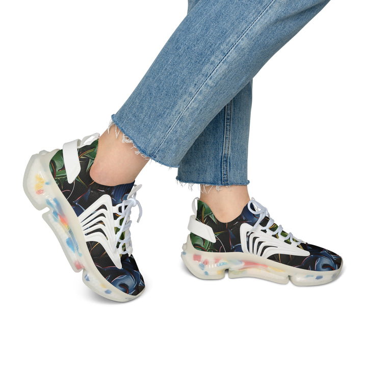 Navy-Green Abstraction Female  Mesh Sneakers with white sole on model, side view