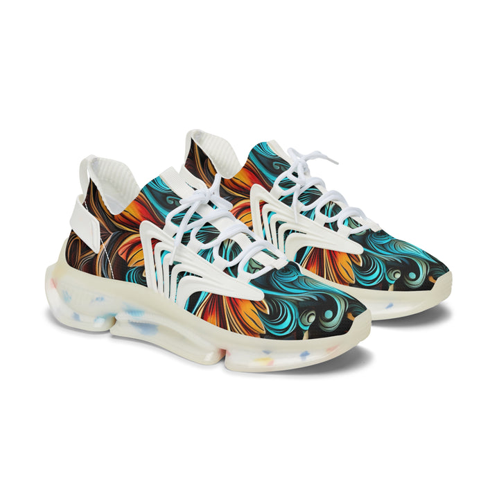 Turquoise-Orange Floral Lady’s Mesh Sneakers with white sole, side view