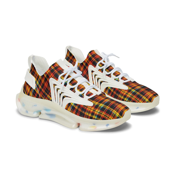 Red-Orange Checkred Female Mesh Sneakers with white sole, side view