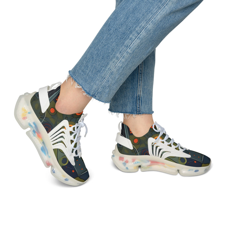 Green-Navy Camouflage Women's Mesh Sneakers with white sole on model, side view