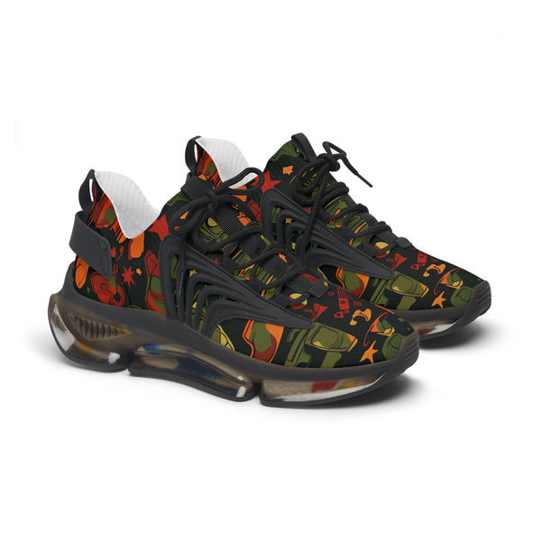 Red-Green & Orange Camouflage Lady's Mesh Sneakers with black sole, side view