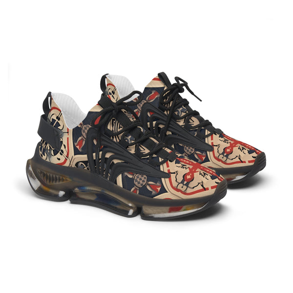 Beige-Navy & Red Crossed Women's Mesh Sneakers with black sole, side view