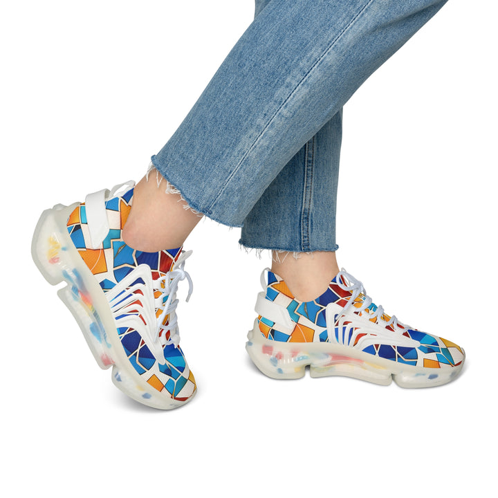 Multicoloured Geometric Women's Mesh Sneakers with white sole on model, side view