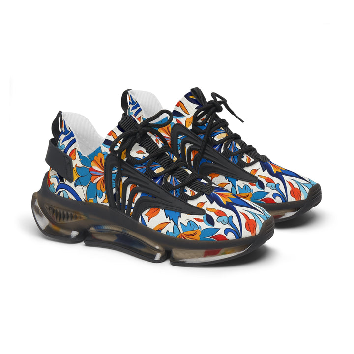 White-Orange-Blue Floral Abstraction Female Mesh Sneakers with black sole, side view