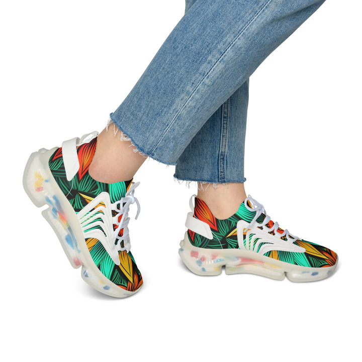 Floral Turquoise Abstraction Mesh Sneakers for Women with white sole on model, side view