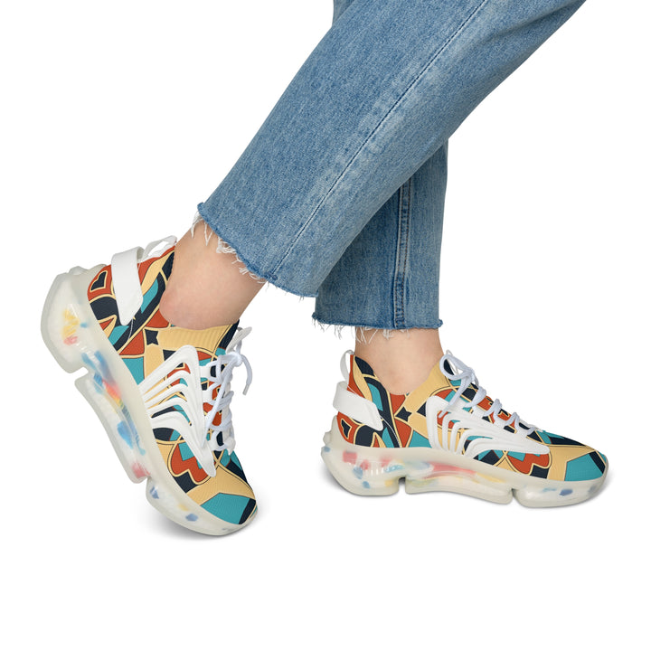 Yellow & Blue Abstracted Women's Mesh Sneakers with white sole on model, side viewe