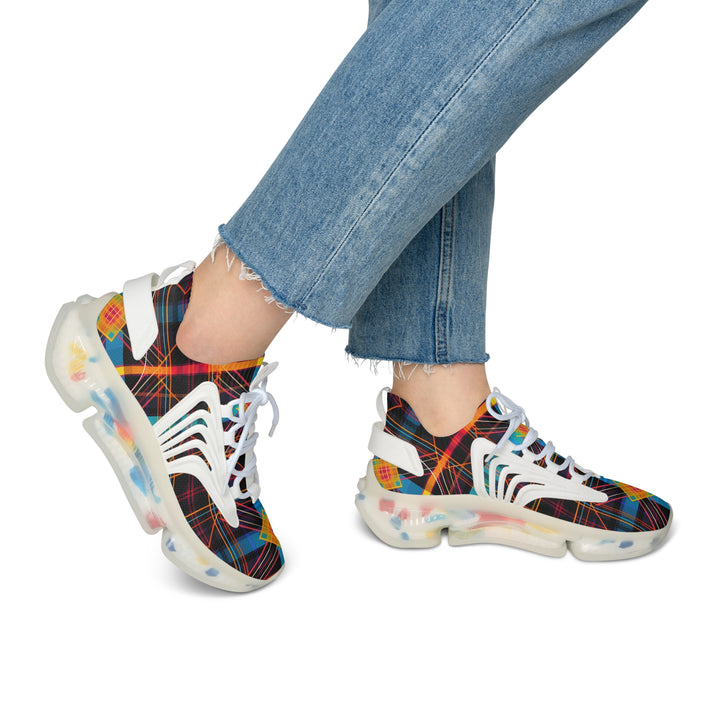 Purple-Blue & Orange Women's Mesh Sneakers with white sole on model, side view