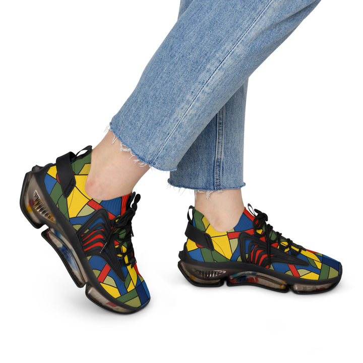 Multicolor Bright Geometry Lady's Mesh Sneakers with black sole on model, side view