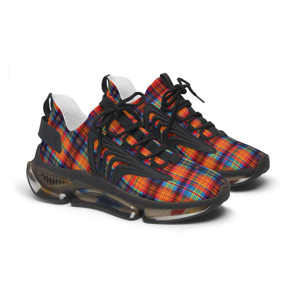 Orange Blue Checkred Female Mesh Sneakers with black sole, side view