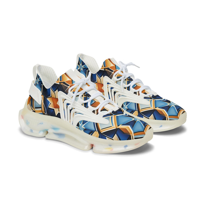 Golden&Blue Geometry Female Mesh Sneakers with white sole, side view