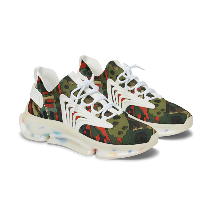 Green Camouflage Abstraction Female Mesh Sneakers with white sole, side view