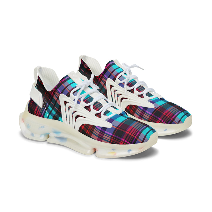 Purple-Blue Checkred Female Mesh Sneakers with white sole, side view