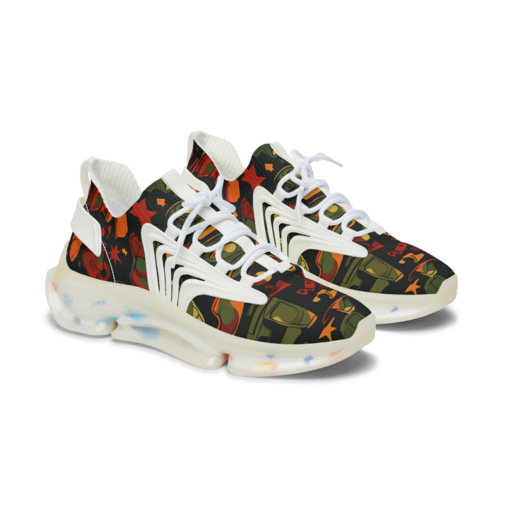 Red-Green & Orange Camouflage Lady's Mesh Sneakers with white sole, side view