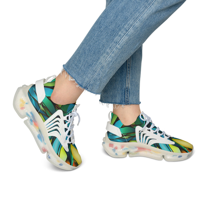 Yellow-Blue & Green Abstracted Lady's Mesh Sneakers with white sole on model, side view