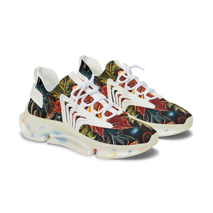 Red-Blue & Green Floral Lady's Mesh Sneakers with white sole, side view