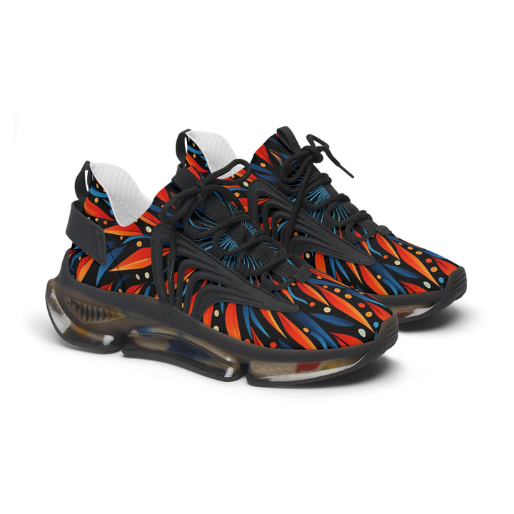 Orange-Blue & Black Floral Women's Mesh Sneakers with black sole, side view