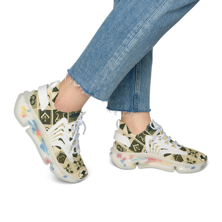 Green-Beige Patterned Lady's Mesh Sneakers with white sole on model, side view