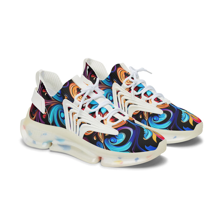 Navy-Blue & Golg Floral Women's Mesh Sneakers with white sole, side view.